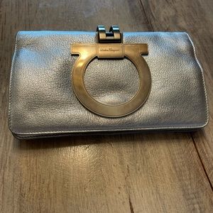 Salvatore Ferragamo Authentic Silver Metallic Leather Flap Bag
